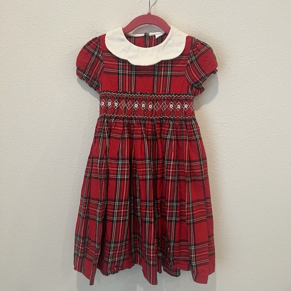 Edgehill Collection Lottie Hand Smocked Plaid Dress, Red Size 6 Holidays Cute